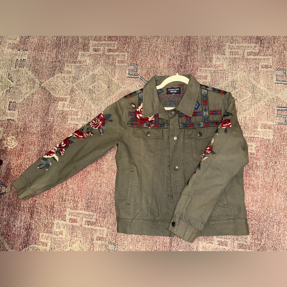 Johnny Was green khaki embroidered floral denim jean jacket roses size small - Picture 1 of 10